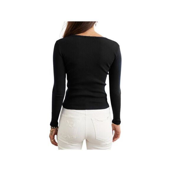 AMO Womens Black Ribbed Slim Fit Henley Long Sleeve V Neck Button Up Top S - Picture 2 of 2